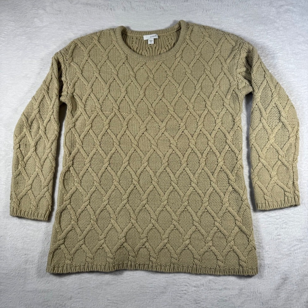 Pure Jill Cable Knit Sweater Womens XS Tan Beige Wool Blend Diamond Lattice Crew